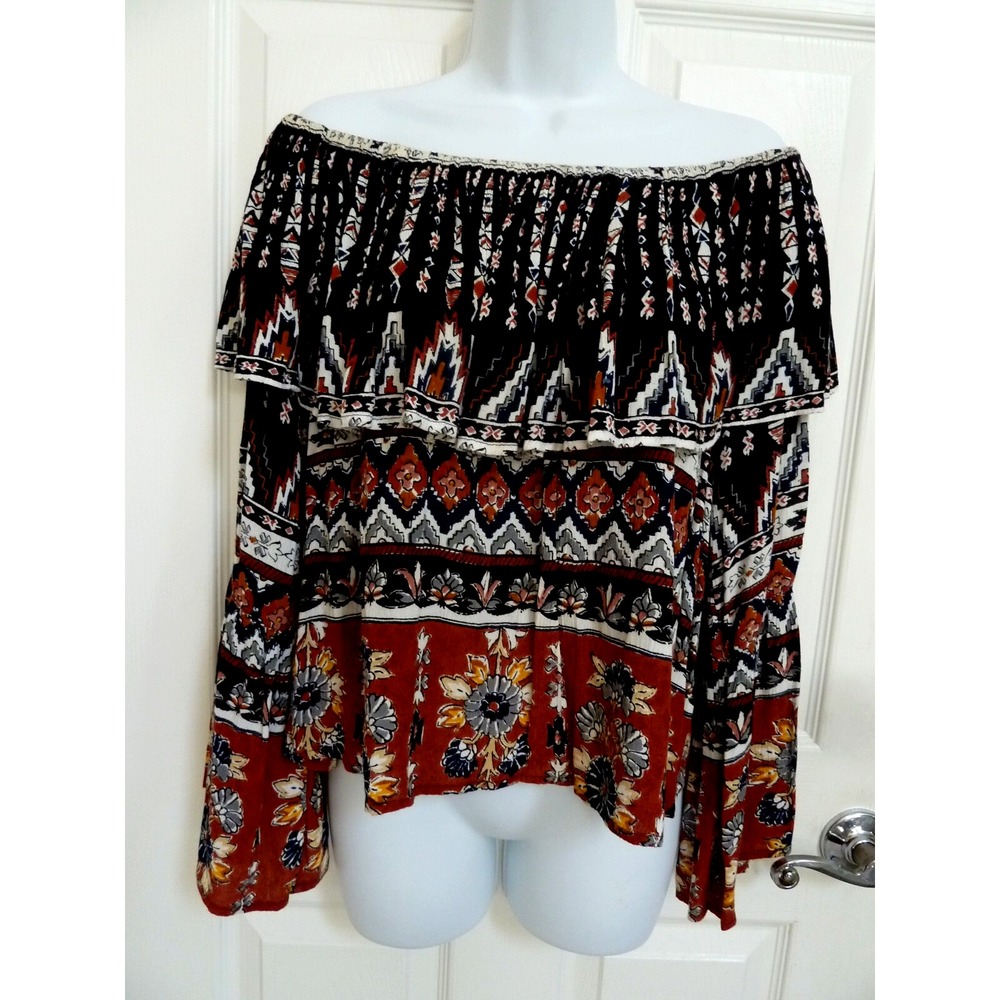Billabong Medium Off-Shoulder Ruffle Boho Flared Cropped Blouse Southwestern
